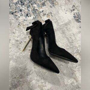 Brand New Stunning black suede with gold heel, size 34, fits more like a 4.5/5